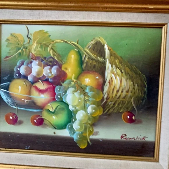 Vintage Basket Apples And Grapes Oil Signed Renwick 13/15”